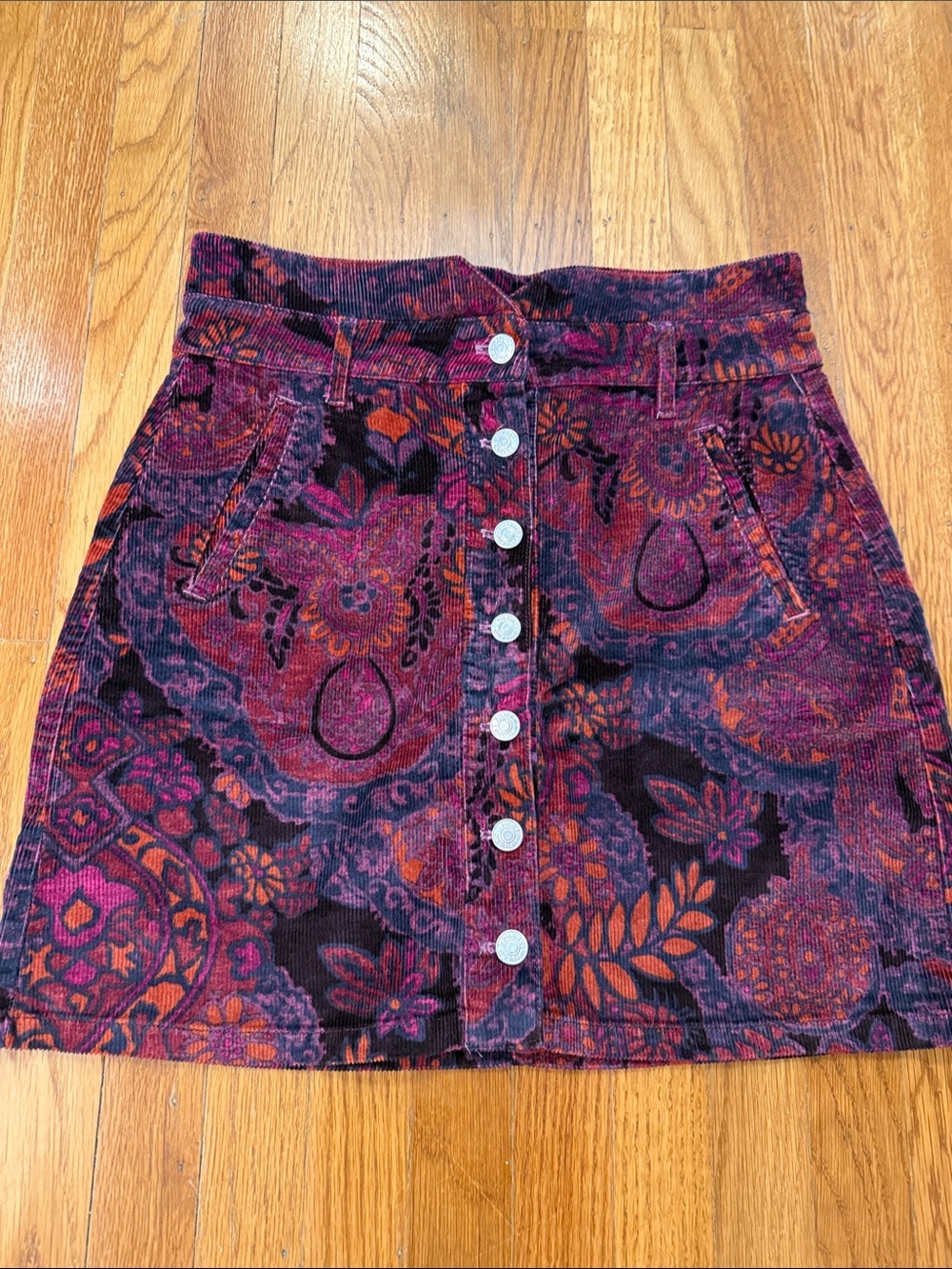Button-Front Floral Paisley Corduroy Mini Skirt in Burgundy Multi